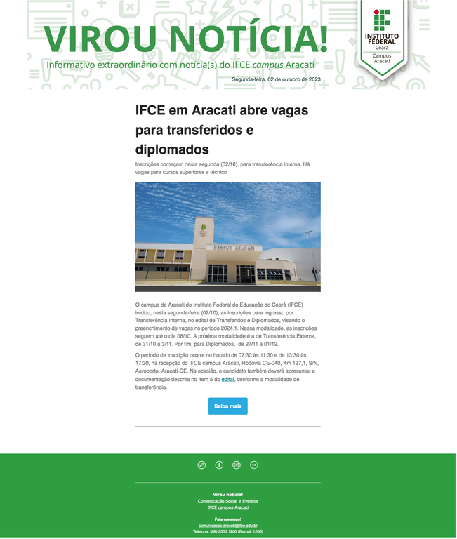 VIROU NOTICIA_IFCE em Aracati abre vagas para transferidos e diplomados