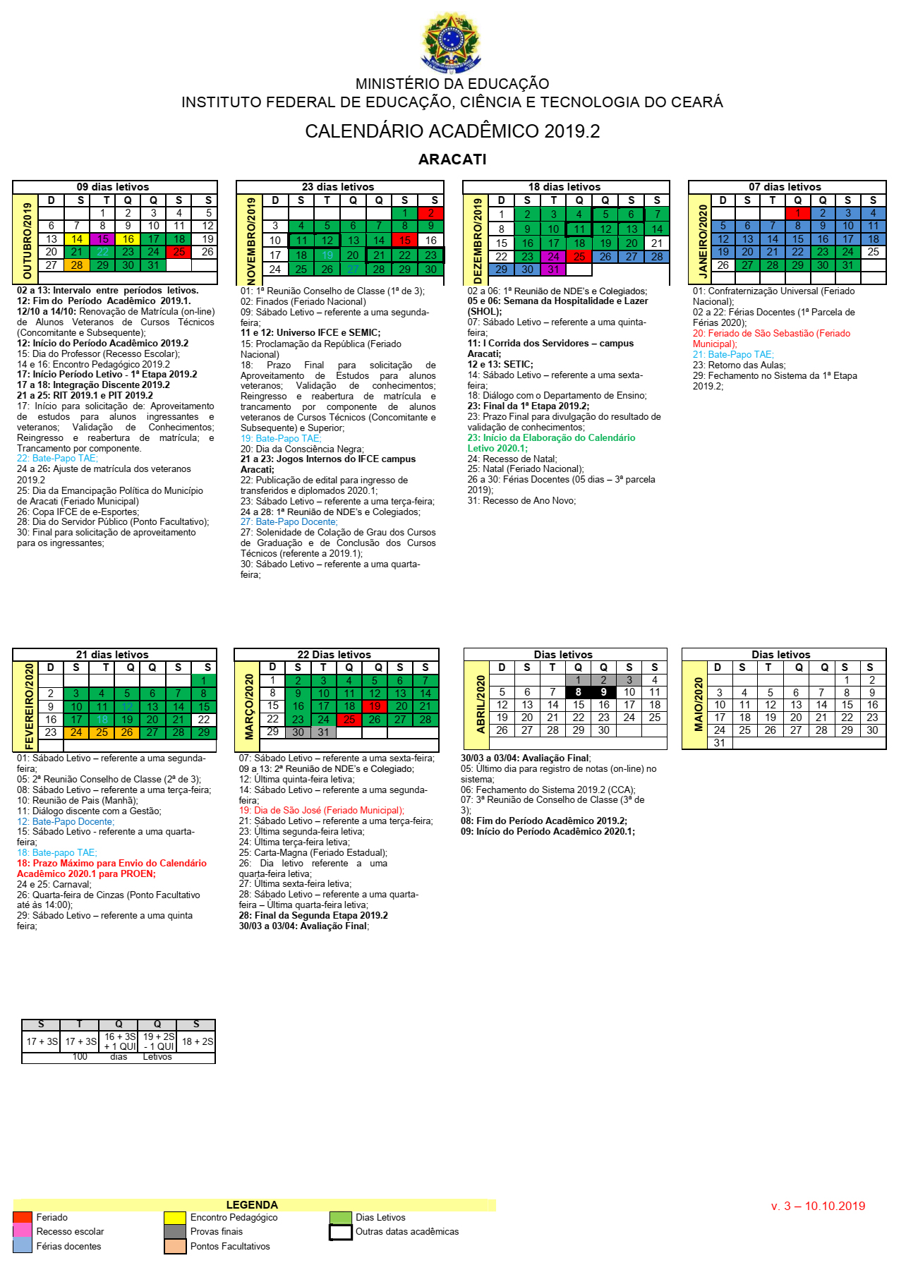 calendário academico 2019.2