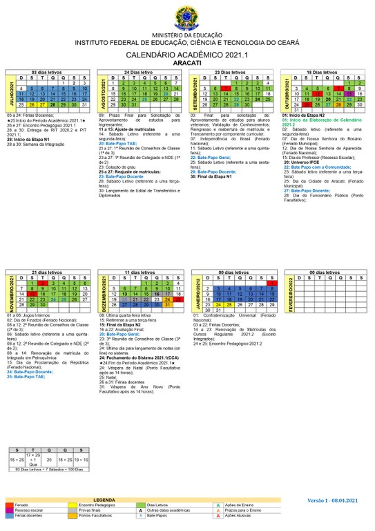 Calendário academico 2021.1