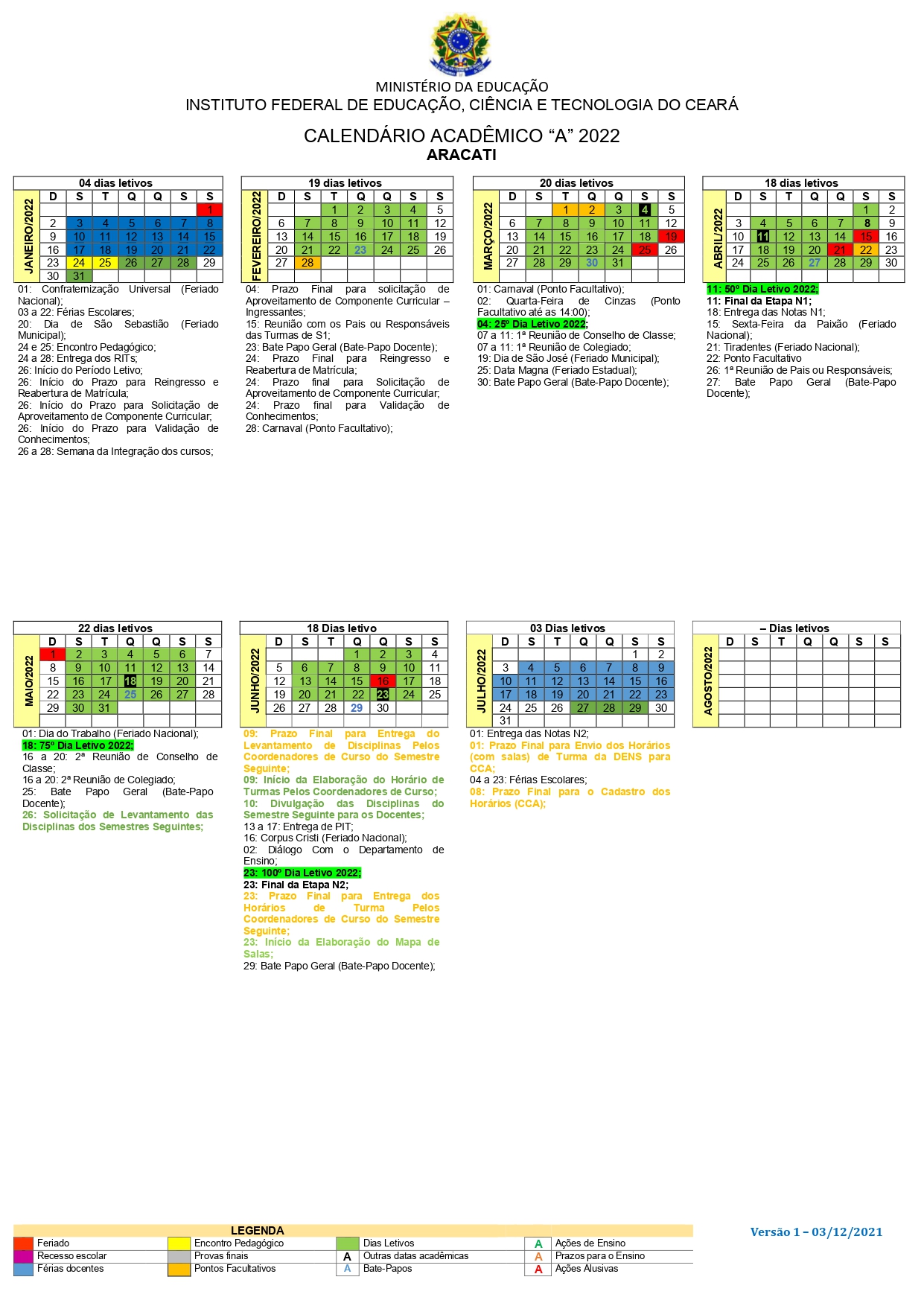 Calendário "A" 2022.1 (Janeiro a agosto 2022) - Cursos integrados regulares