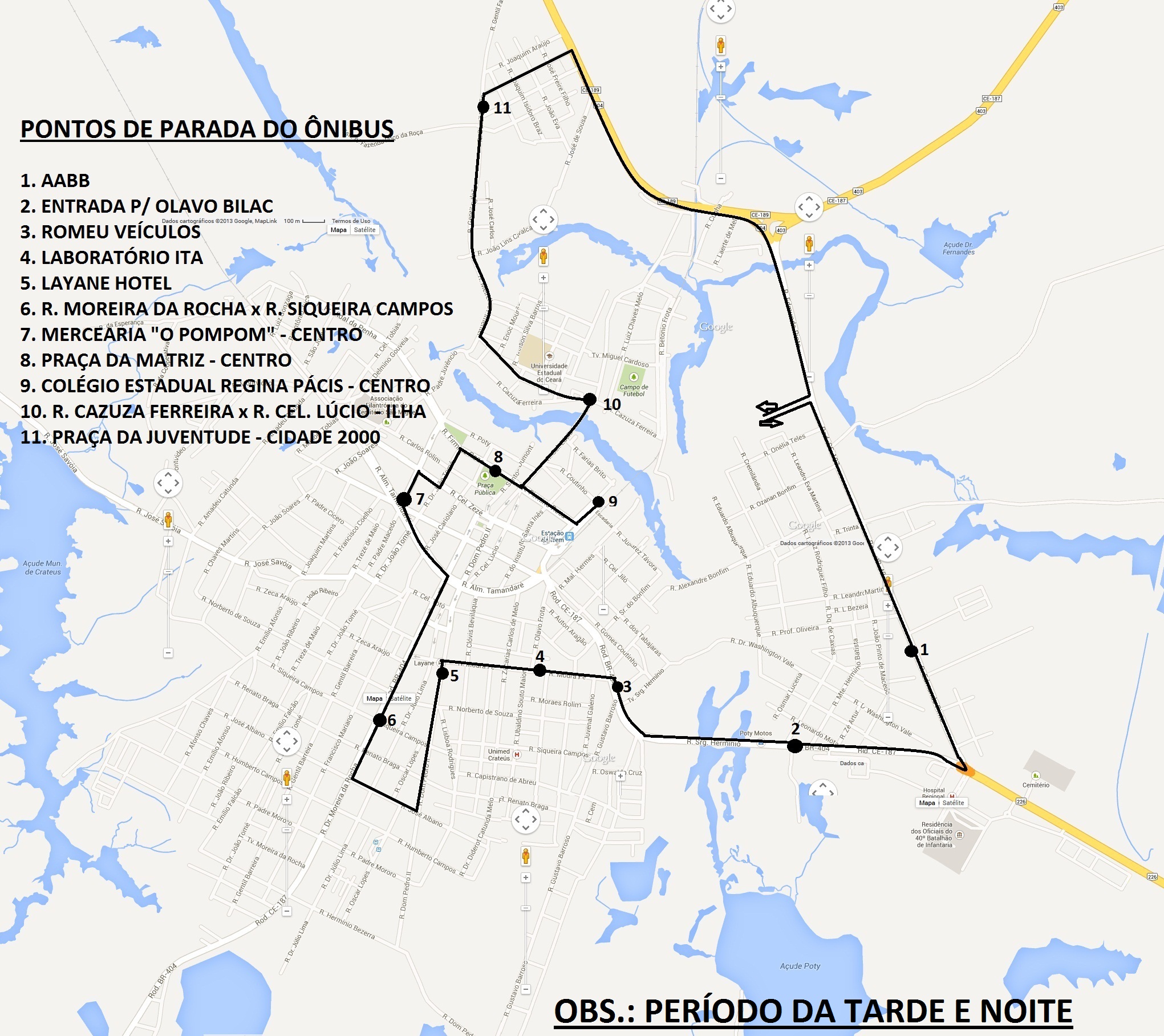 mapa de rotas do ônibus escolar - Crateús