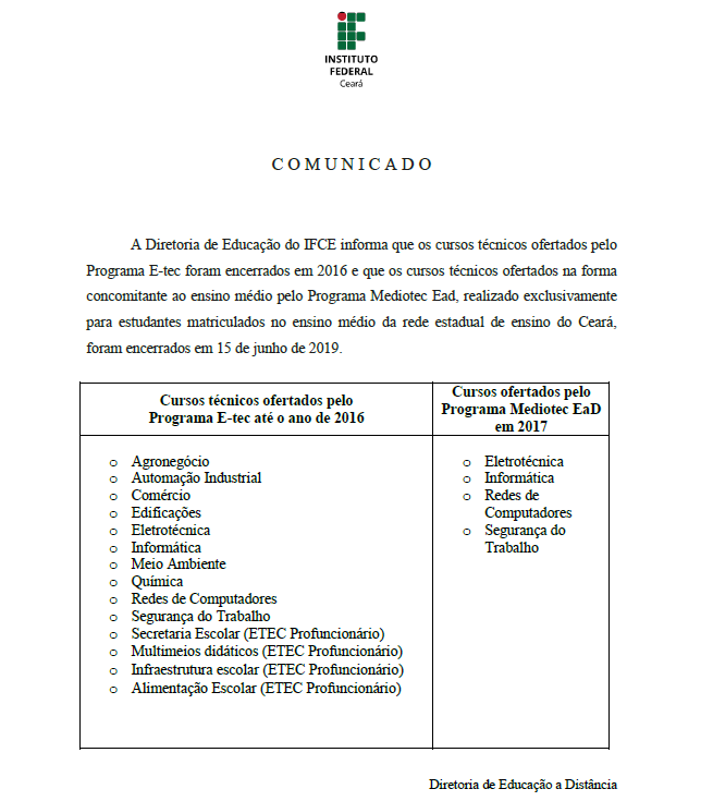 Comunicado Nº 01/2019 EAD