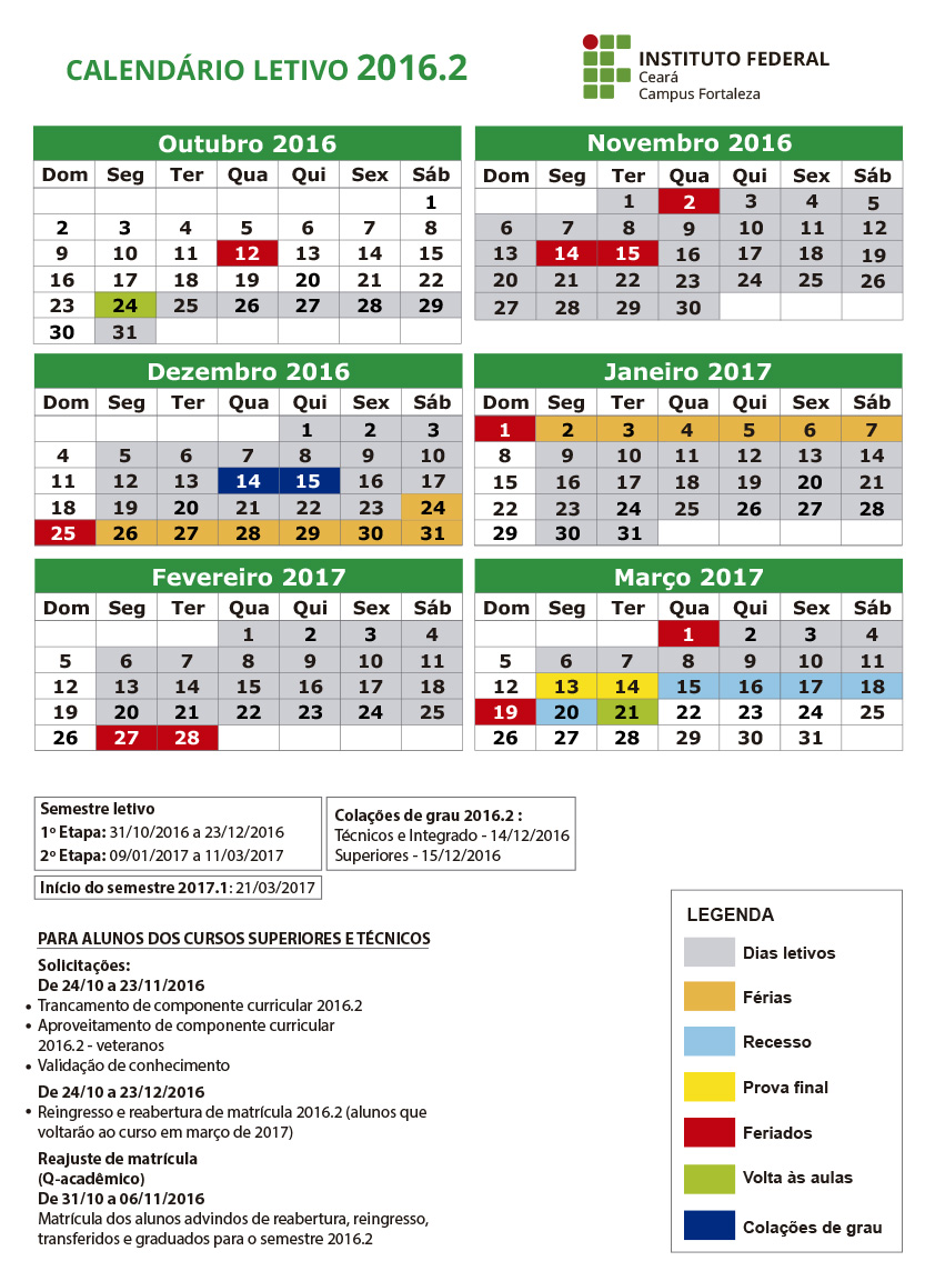 Calendário letivo 2016.2