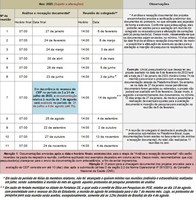 Calendário CEP