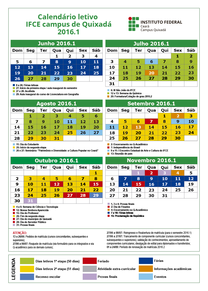 Calendário acadêmico 2016.1