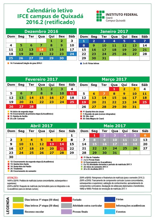 Calendário letivo 2016.2