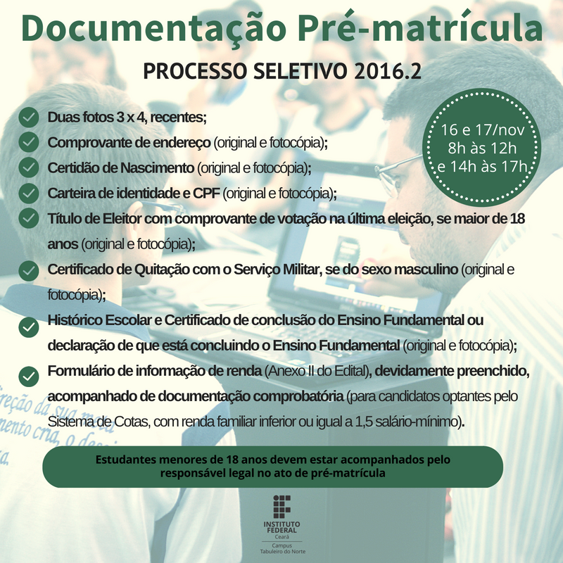 DOCUMENTAÇÃO PARA PRÉ-MATRÍCULA